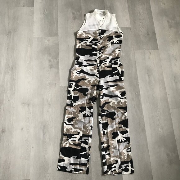 JC SE CASTELBAJAC PARIS SILK JUMPSUIT CAMO BLACK WHITE BROWN 36 - Picture 11 of 11